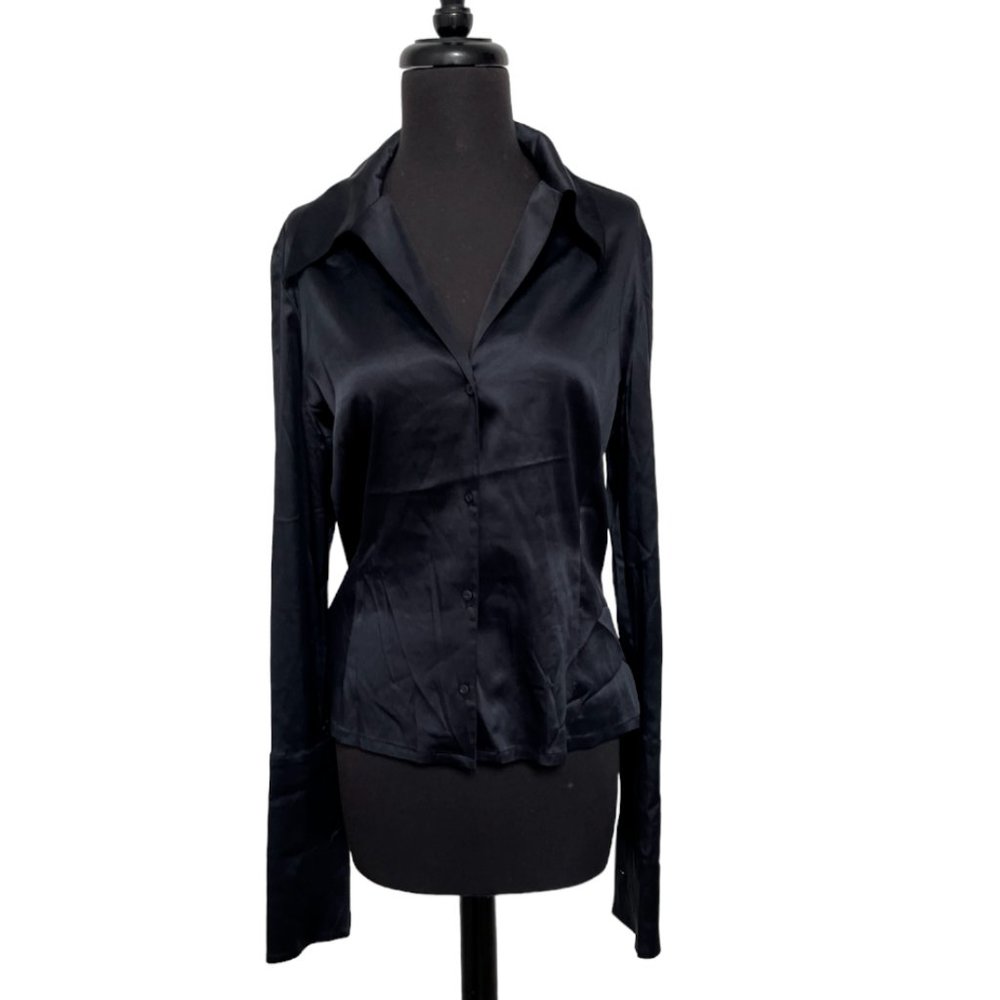 Ristarose Black Stretch Satin Black Long Sleeve Blouse with French Cuffs Size XL